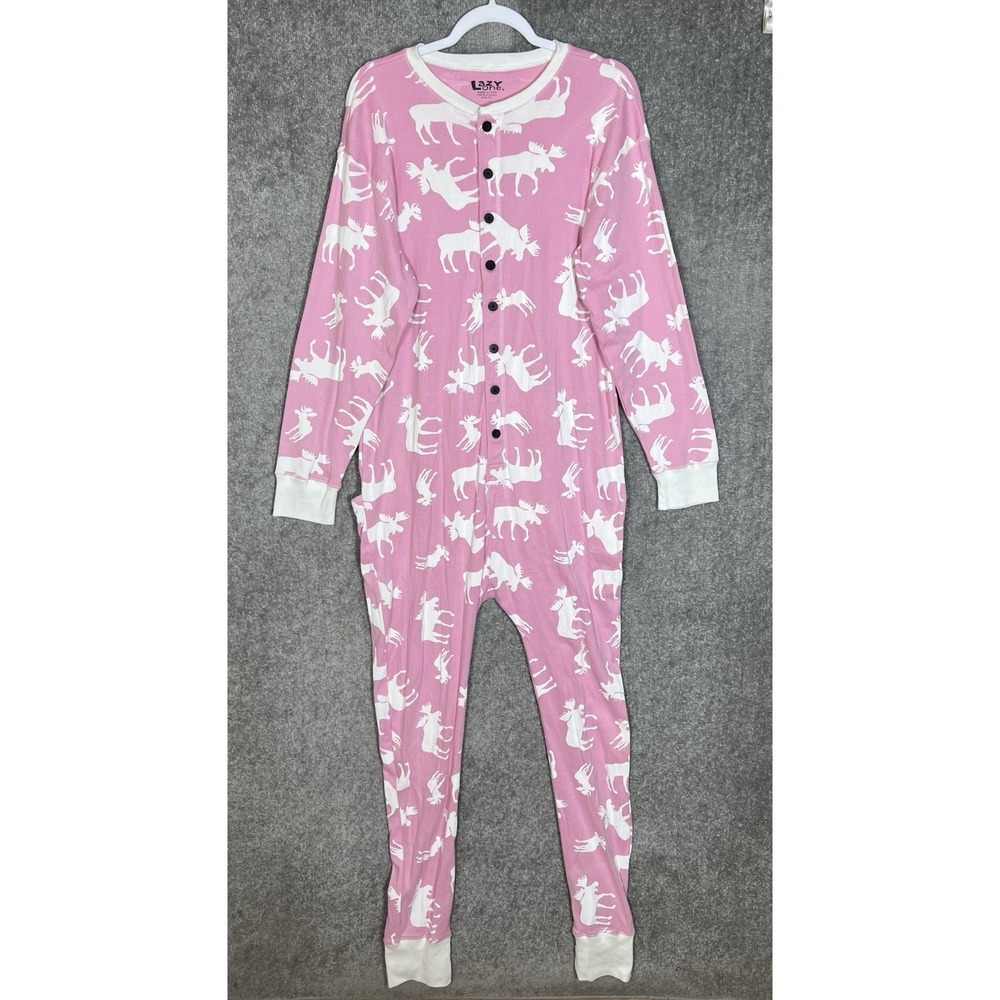 Lazy One Flapjacks Don't MOOSE With Me Pajamas Adult Sz XL Pink White Cotton New